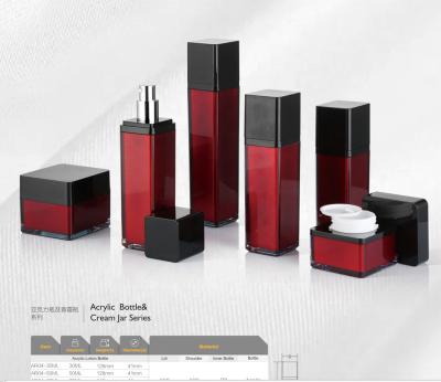 China Spray Paint Cosmetic Packaging Red Color With Black Square Acrylic Luxury Lotion Bottle With Cream Jar for sale