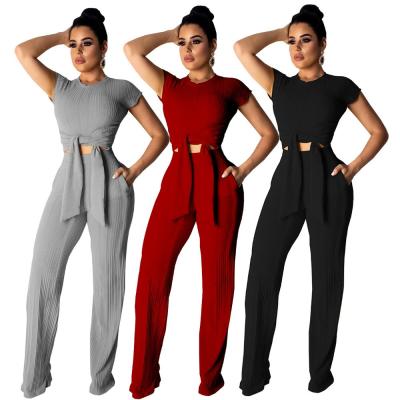 China 2021 Anti-Static Anti-Static Ribbed Casual Wide Leg Pants Adult Women Overalls Two Pieces Of Clothing With Belts for sale