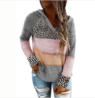 China New Arrival Autumn Winter Women Fashion Sweater Leopard Color Anti Wrinkle Blocking Hooded Knitted Casual Sweater Women Sweater for sale