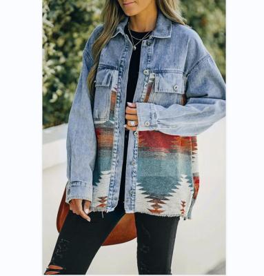 China Anti Wrinkle Anti Wrinkle Long Sleeve Shirts Coat Women's Casual Pocketed Aztec Buttons Splice Up Patch Denim Shacket Jacket Coats for sale