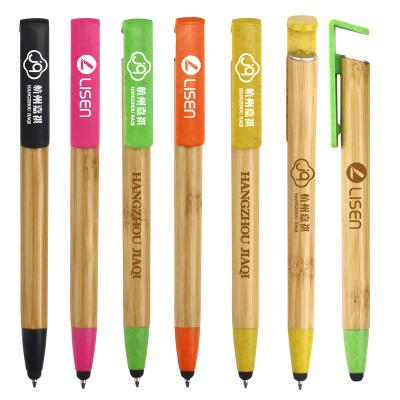 China Custom Logo Gift Promotional Pen Eco-Friendly Bamboo Ballpoint Pen With Stylus And Phone Holder for sale