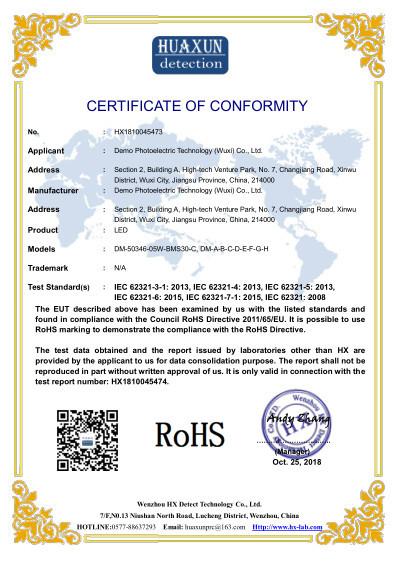 RoHS Certificate for LEDs - Demo Photoelectric Technology (Wuxi) Co., Ltd.