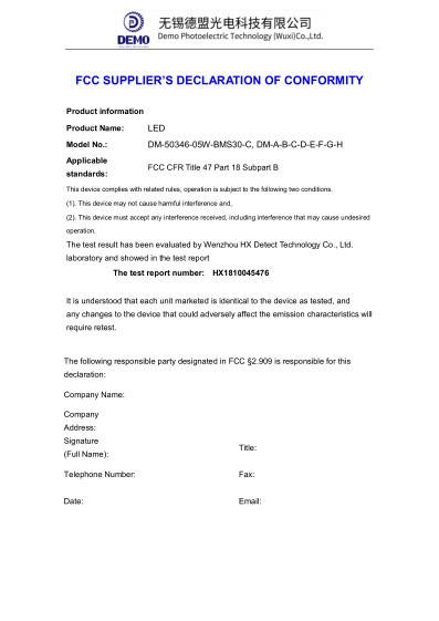 FCC Declartion for LEDs - Demo Photoelectric Technology (Wuxi) Co., Ltd.