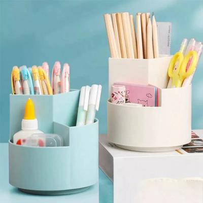 China High Quality Plastic 360 Degree Rotating Desktop Multifunctional Pen Holder 3 Grids Rotate Organizer School Office Makeup Brush Storage Box for sale