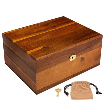 China Handmade Wooden Storage Box with Locking Lid and Key Acacia Premium Large Keepsake Chest Hinged Wooden Box for sale