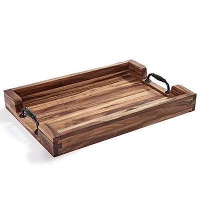 China 100% Handmade Acacia Tray Ottoman Rustic Wooden Serving Tray for Coffee Table Home Decor Tray with Metal Handles for sale