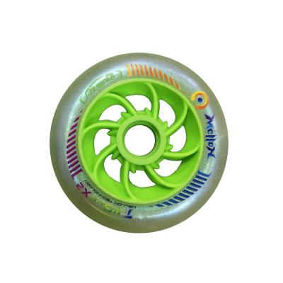 China Super High Rebound PU Shining Fluorescent Color Overmolded Double Layers 110mm Polyurethane Professional Banded Integrated Roller Speed ​​Skate Wheels for sale