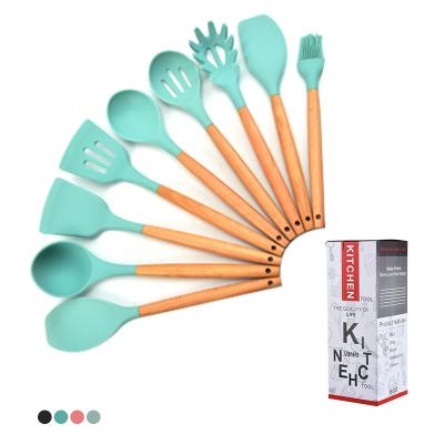 China Stocked Colorful Non-Stick 9 Piece Silica Gel Wooden Beech Spatula Cooking Utensils Set for sale