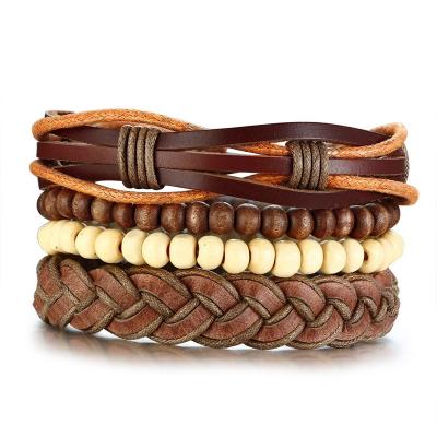 China Vintage Punk Wood Beads Braided PU Leather Men Adjustable Bracelet for sale