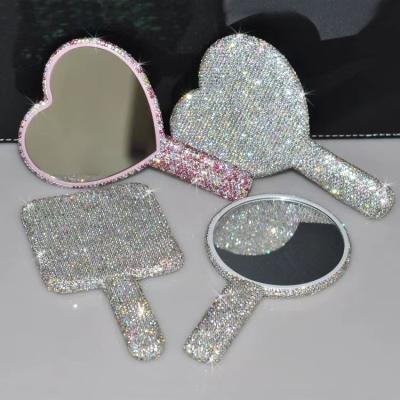 China Single Diamond Mini Hand Held Pocket Mirror Bling Heart-Shaped Portable Cosmetic Makeup Side Wholesale Double-Sided Beauty for sale