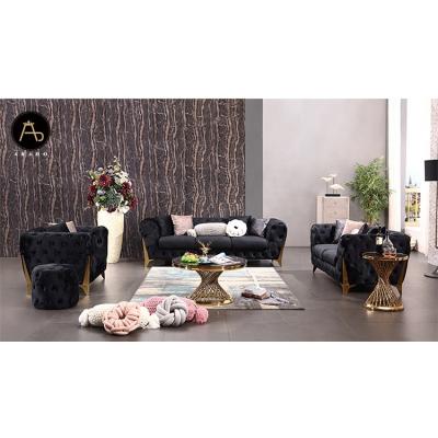 China Customized Chesterfield Sofa Set Legs Home Furniture 2021 Luxury Living Room Stainless Steel Fabric Latest Color Velvet Fabric Or Leather Antique for sale