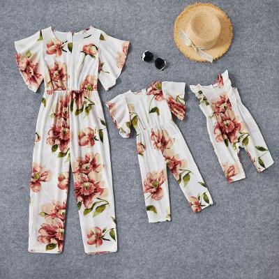 China Mommy and Me QUICK DRY Overall Romper Matching Floral White Floral Mother Daughter Clothes Family Look Ruffle Overalls for sale