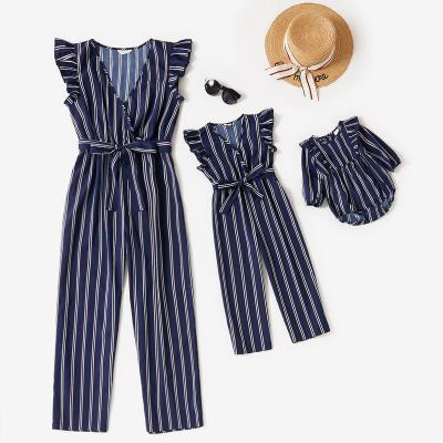 China Summer QUICK DRY Mommy and Me Striped Ruffle Sheath Overalls for Women Baby Romper Family Clothes Matching Overalls for sale