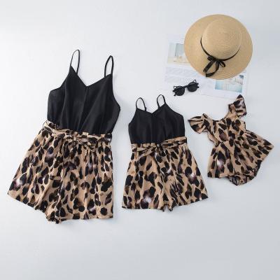 China QUICK DRY Family Look Matching Outfits Clothes Leopard Splice Suspender Overalls Mom Daughter Sleeveless Romper for sale