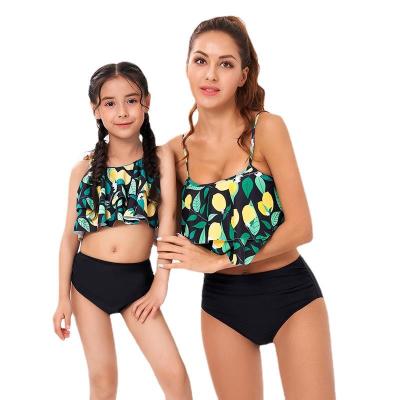 China QUICK DRY Swimsuit Teen Lemon Printed Black Bikini Mommy And Me Monokini Family Matching Swimwear For Mother Daughter for sale