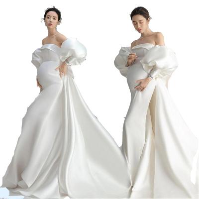 China Anti-Allergy White Sexy Maternity Dress Baby Shower Satin Pregnancy Photo Shoot Clothes New For Pregnant Women Party Maxi Gown for sale