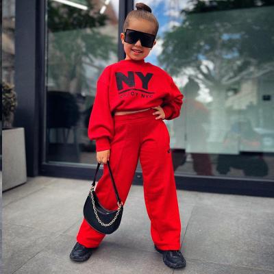 China Red Spring Autumn Casual Long Sleeve Hoodies +Flared Breathable Letter Print Kids 1-8Years Pants Clothing Outfits Babies Clothes Set for sale