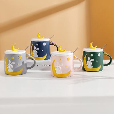 China Rabbit Viable Design Moon Newcomer Ceramic Mug , Creative High End 3D Couple Ceramic Mug With Lid Spoon for sale