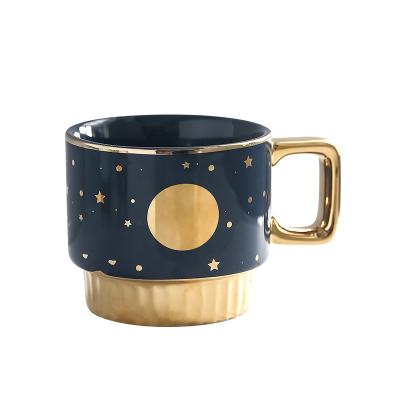 China 2022 New Viable Design Ceramic Starry Sky Coffee Mugs Plating Gold Handle Coffee Couple Mug for sale