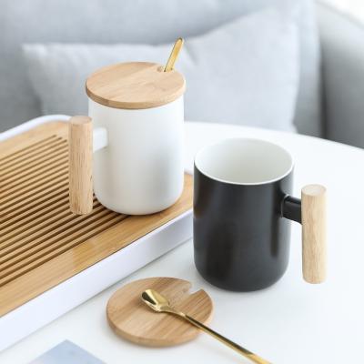 China Nordic Viable Style Ins Ceramic Mug With Wooden Handle, Coffee Mug With Lid Spoon Gift 350ML Promotional Custom Logo Mug for sale