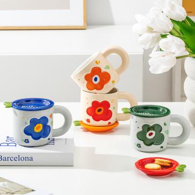 China Cute Sustainable Ins Style Ceramic Mug With Lid, Creative 3D Niche Design Cup Flower Water Cup Coffee Mug for sale