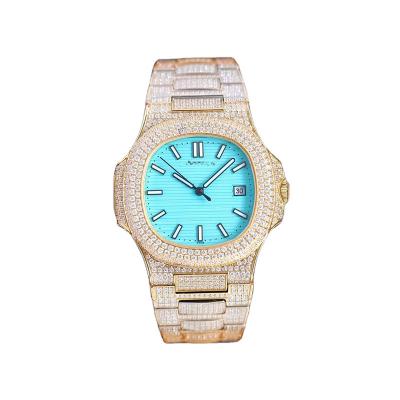 China Custom Luxury Crystal Diamond Bezel Automatic Date Rose Gold Stainless Steel Case Blue Transparent Dial Japan Automatic Mechanical Watch for sale