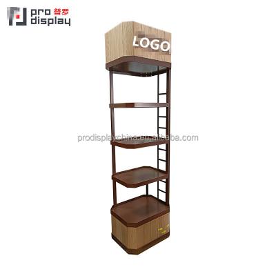 China Wooden Creative Customized Floor Standing Pillar Wine Bottle Ladder Wrapped Liquor Displays Rack for sale