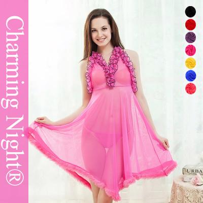 China Pink Sexy nightwear dress  / Sexy Night Dress Fur Edge Ruffle Neck Transparent for sale