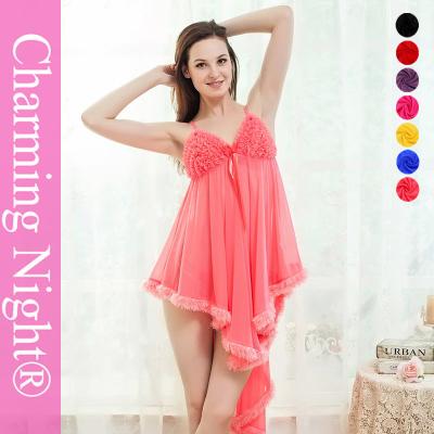 China Adult Women Fetish Sexy Night Dress With Fur Trim Front Ruffle Flower for sale