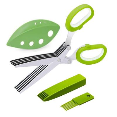 China Multifunctionele Keuken Hakkende Schaar 5 Blad Herb Scissors Set With Cover Te koop