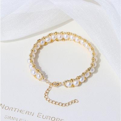 China Vintage Fashion Trendy Women's 18K Gold Plated Real Natural Freshwater Pearl Beads Bracelet Jewelry Bangle for sale