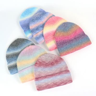 China COMMON warm tie dyed knitted woolen hat printed new rainbow gradient hat woolen warm cold hat for unisex for sale