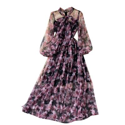 China Vintage Rose Self Breathable Long Sleeve Bow Tie Illusion Breathable Double Layer Floral Chiffon Maxi Dresses for sale