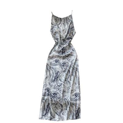 China Breathable Breathable Art Marble Texture Ink Side Streetwear Abstract Split Cami Maxi Long Slip Dress for sale