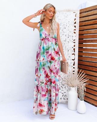 China Self Breathable Floral Causal Sleeveless Strap Summer Deep V Backless Ruffle Maxi Dress for sale