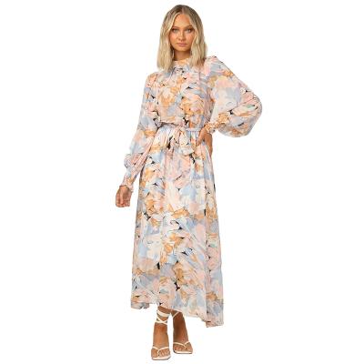 China Chic Floral Long Sleeve Breathable Rose Meadow Stand Collar Self Back Belt A Line Chiffon Maxi Dress Woman for sale