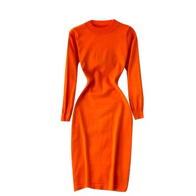 China Round Neck Solid Color Breathable Breathable Minimalism Sheath Long Knit Women Fall Sweater Midi Dresses for sale