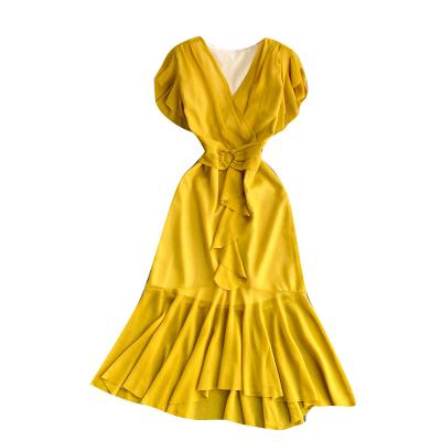 China Solid Color Breathable Elegant Short Sleeve V Ruffled Ruffled Neckline Belted Chiffon Mermaid Midi Dress For Summer for sale