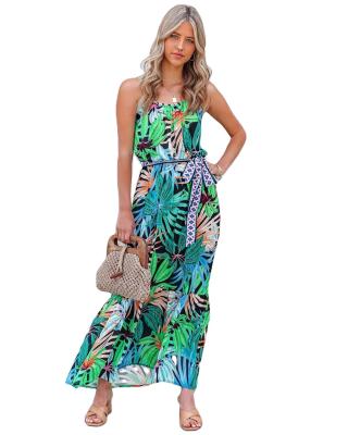 China Breathable Summer Causal Individual Belted Tropical Pattern Green Square Neck Spaghetti Tie Ruffle Edge Beach Maxi Slip Dresses for sale