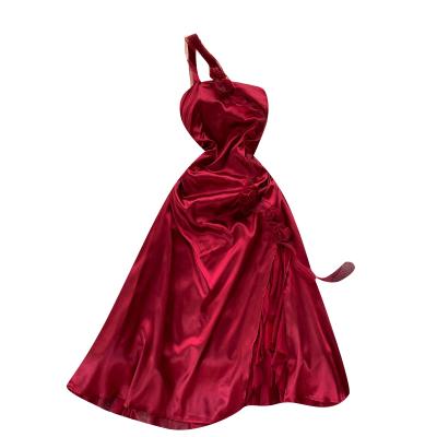 China Breathable Elegant Sleeveless Asymmetrical One Shoulder Cocktail Lace Ruffled Red Satin Maxi Dress for sale