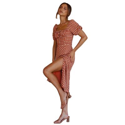 China Breathable Orange Casual High Waist Short Sleeve Square Neck Dresses Long Edge Split Polka Dot Maxi Dress for sale