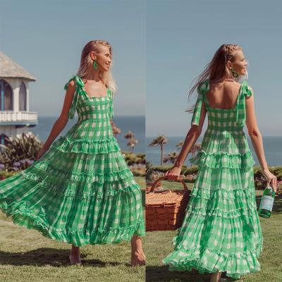 China Anti-Static Casual Chic Green Plaid Long A Line Chiffon Maxi Dress Sleeveless Ruffle Edge Smocked Maxi Dress for sale