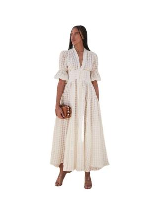 China White Plaid Anti-Static Pattern Maxi Dress Long V-Neck Maxi Dress Half Sleeves Elegant Chic Formal Puff Sleeves for sale