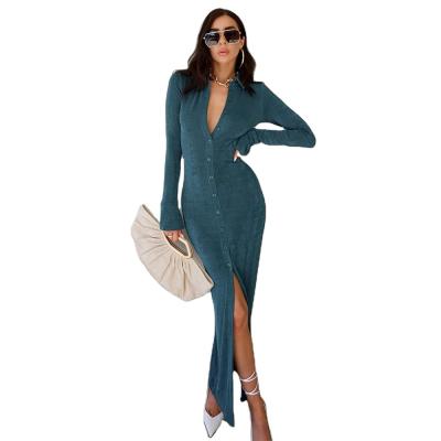 China Anti-Static Casual Solid Color Lapel Neck Button Down Maxi Dress Slong Sleeve Bodycon Fine Knit Maxi Dress for sale