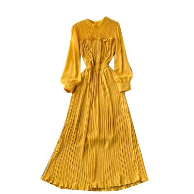 China Autumn Solid Color Anti-Static Chic A Line Pleated Edge Maxi Dresses Long Sleeve Chiffon Elegant Maxi Dresses for sale