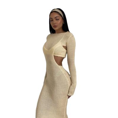 China Anti-Static Casual Round Neck Long Sleeve Two Pieces Midi Dress White Women Bodycon Knit Midi Dress for sale