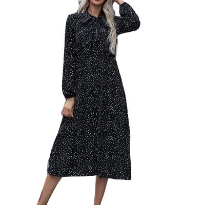 China Polka Dot Black Midi Dress Anti-Static Casual Button Lapel Up A Line Long Sleeve Midi Shirt Dress for sale