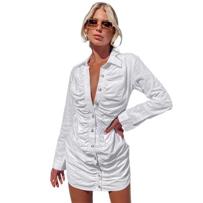 China Anti-Static Club Color Chic White V-Neck Button Up Mini Pleated Long Sleeve Mini Shirt Dress for sale