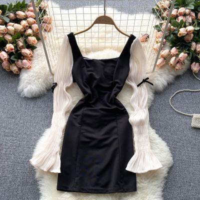 China Anti-Static Chic Black Puff Neck Square Color Club Long Sleeve Mini Dress Elegant Short Dresses for sale