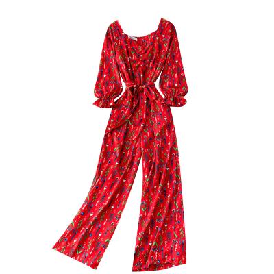 China Floral Print Autumn Sweet Style Breathable V-Neck Long Sleeve Self Belted Wide Leg Overalls for sale